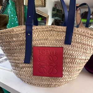 Loewe Tan and Blue Raffia Tote Bag